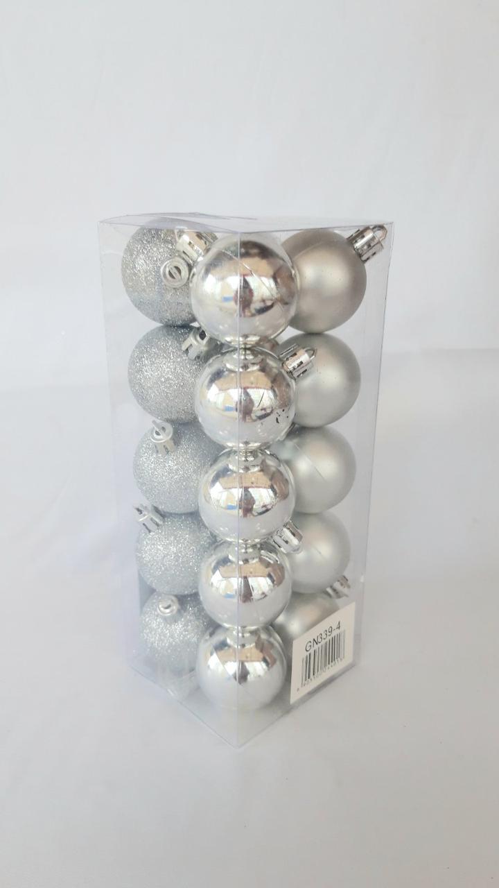 Ялинкові кулі 20 штук в упаковці діаметром 4 см срібні, фото 1
