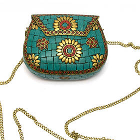 Сумочка бронзова з коралами і бірюзою зелена (13.5х10х5 см)