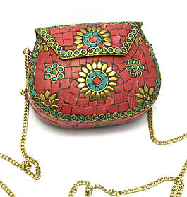 Сумочка бронзова з коралами і бірюзою червона (13.5х10х5 см)