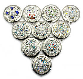 Дзеркальце косметичне "Візерунок з камінням" хром (d-7 см) (в коробці + чохол)