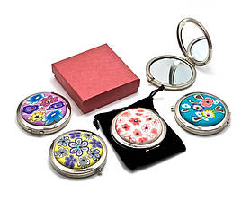 Дзеркальце косметичне "Квіти" золото (d-7 см)(в коробці + чохол)