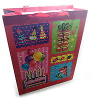 Пакет подарочный картонный с аппликацией "Happy Birthday" (30х38х12 см)