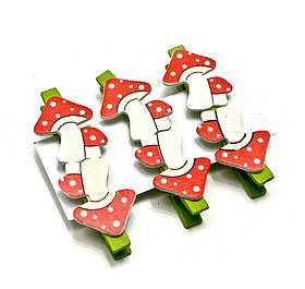Акссессуар для свята прищіпки - украшалочки "Мухомори" дерево (н-р 6 шт)