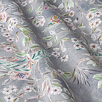 Ткань для штор и подушек хлопковая серая с птицами