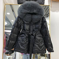 Куртка женская стеганая на пуху с натуральным мехом черная, размер S, М, опт