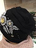 Тепла подвійна жіноча шапка з вишивкою розмір 55-57, колір чорний, фото 2