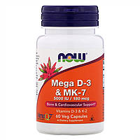 NOW Foods, мега D3 и MK-7, 180 мкг (5000 МЕ), 60 растительных капсул