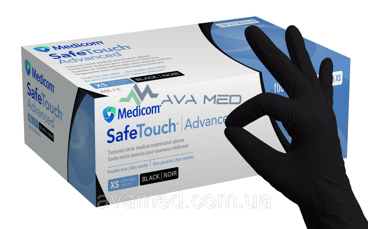 Рукавиці Medicom SafeTouch Advanced Black, чорні нітрилові оглядові нестерильні, неопудрені (100 шт.)