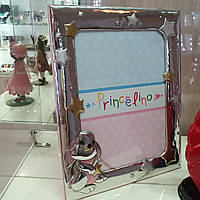 Рамочка серебряная детская для фото Зайчик розовая