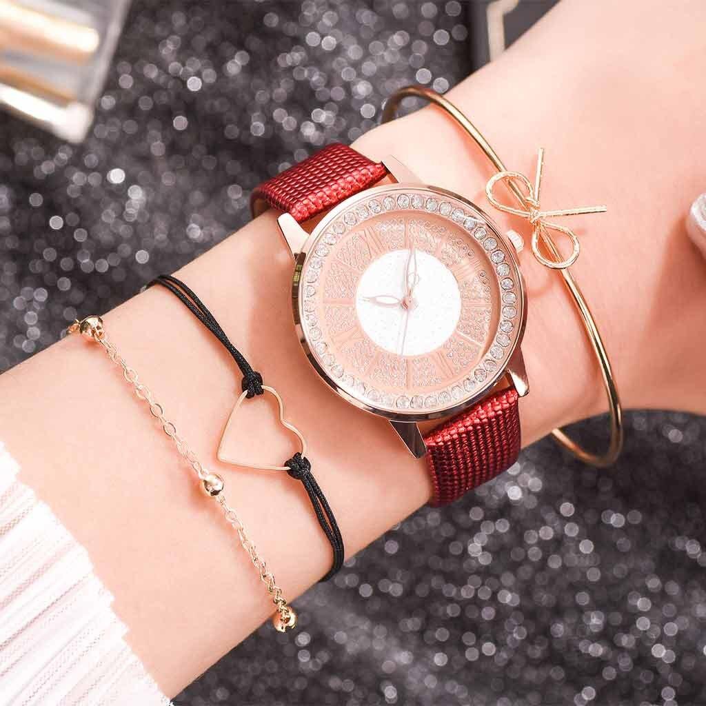 Жіночі наручні годинники і 3 браслета в комплекті з червоним ремінцем, фото 1
