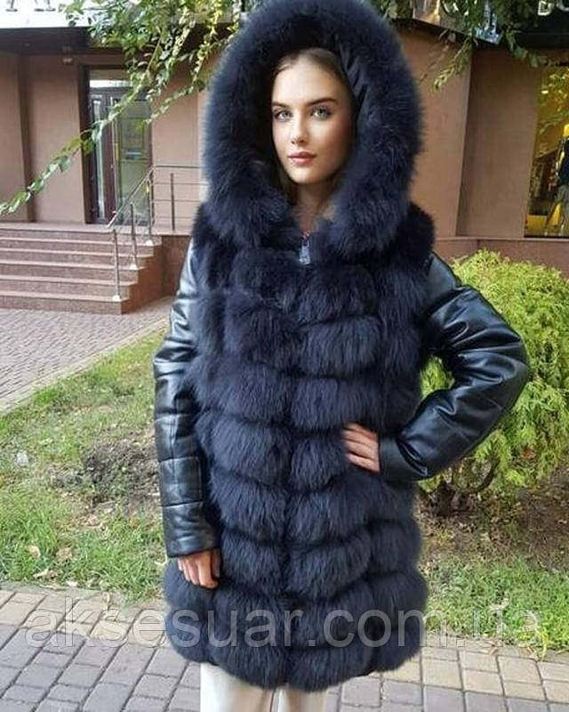 Шикарний жилет трансформер з хутра песця з шкіряним рукавом 90 см