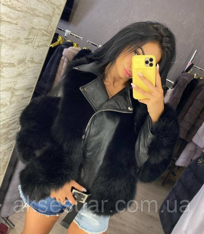 Розкішна шкіряна куртка-косуха з натуральним хутром фінської песця, фото 1