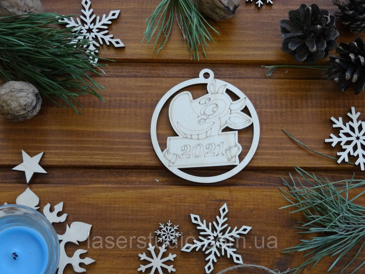 Дерев'яна ялинкова прикраса Бичок 2021 у Кругу No30, фото 1