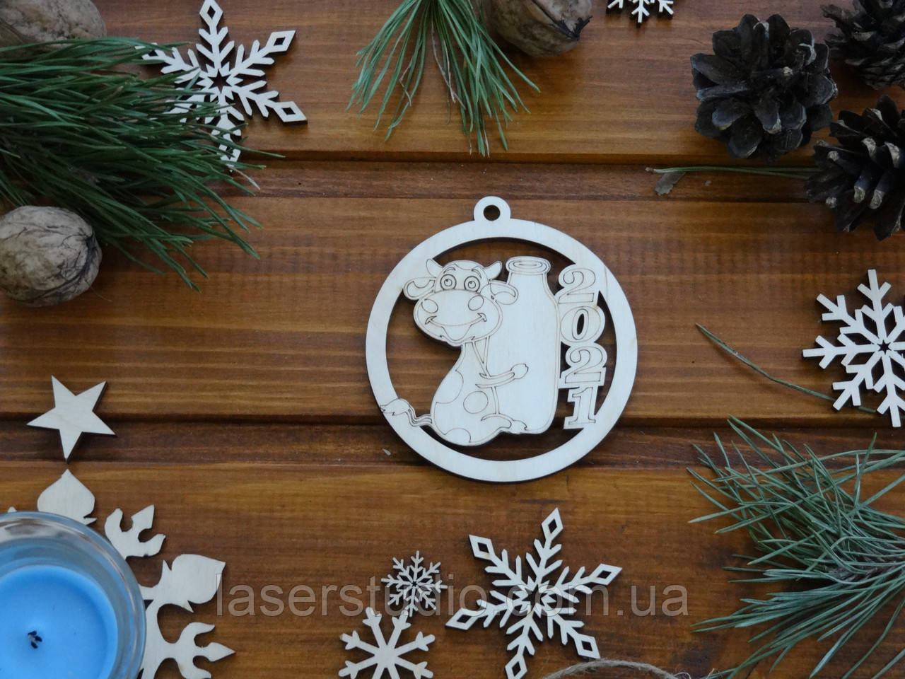 Дерев'яна ялинкова прикраса Бичок 2021 у Кругу No34, фото 1