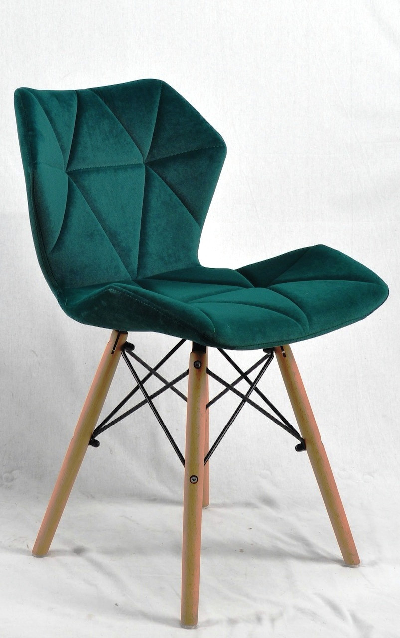 Оксамитовий стілець на дерев'яних ніжках з чорною хрестовиною в зеленому кольорі Greg