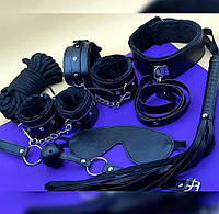 Игровой БДСМ набор 7 предметов плетка, наручники, кляп, маска, ошейник, веревка Black