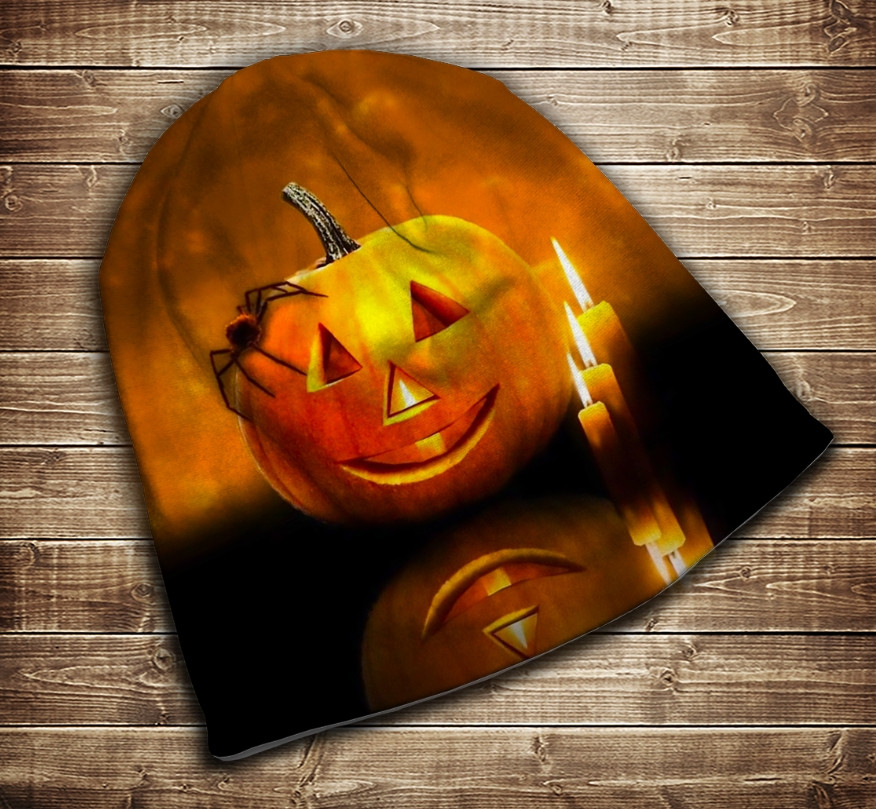 Шапка с 3D принтом-свеча тыква и паук. Haloween Все размеры, все сезоны ВСЕ Размеры, фото 1