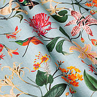 Ткань для штор и подушек хлопок c птицами и растениями на голубом фоне