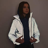 Куртка рефлективная светоотражающая подростковая для девочки с синей трикотажной вставкой и капюшоном 152-158