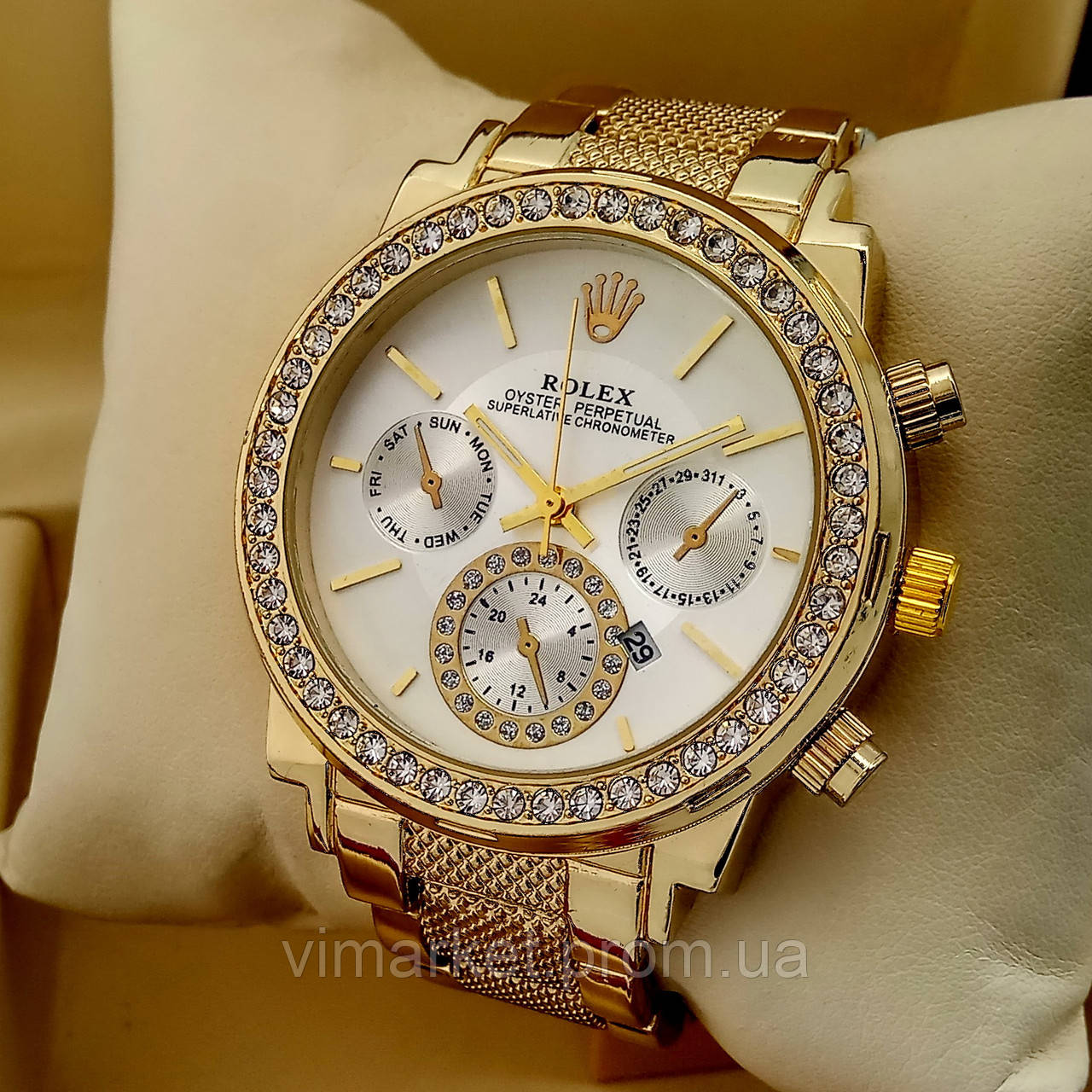 Жіночий кварцевий наручний годинник Rolex B49-2 золотого кольору білий циферблат з датою на металевому браслеті