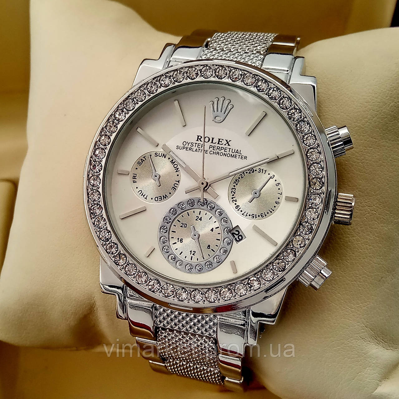 Жіночий кварцевий наручний годинник Rolex B49-2 срібного кольору білий циферблат з датою металевий браслет