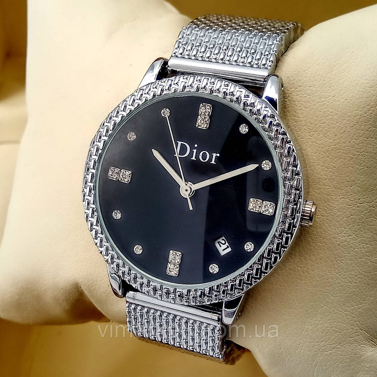 Жіночі кварцові наручні годинники Dior B198-2 срібного кольору чорний циферблат з датою металевий браслет