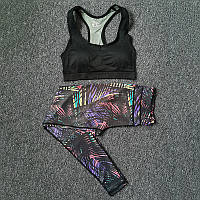 Спортивный женский костюм для фитнеса бега йоги. Спортивные лосины леггинсы топ для фитнеса, Размер S (черный)