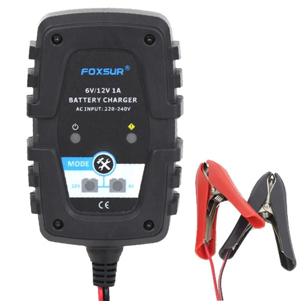 Автоматичний ЗП для акумулятора 6V/12 V (MF, WET, AGM, GEL), FOXSUR FBC061201, Струм заряду 6V/12V/1A, крокодили