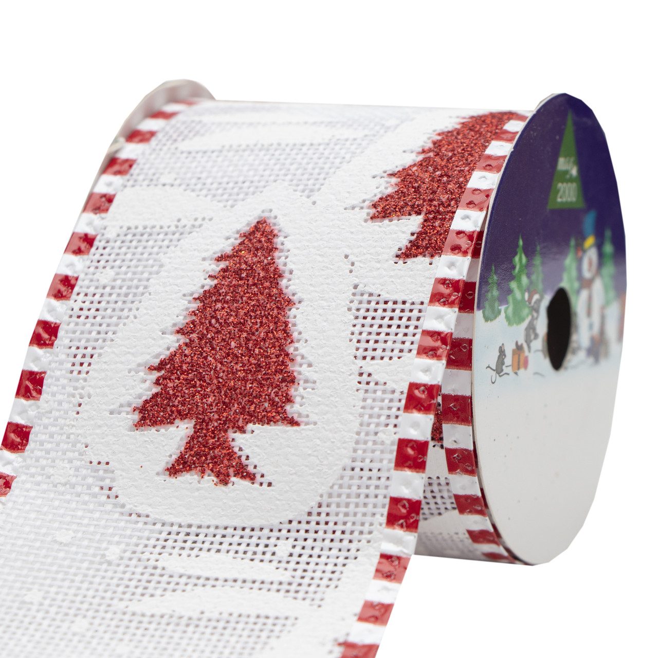 Декоративна прикраса - стрічка в рулоні червона ялинка на білому фоні, 3 м, 6,3 см, поліестер (080594-5), фото 1