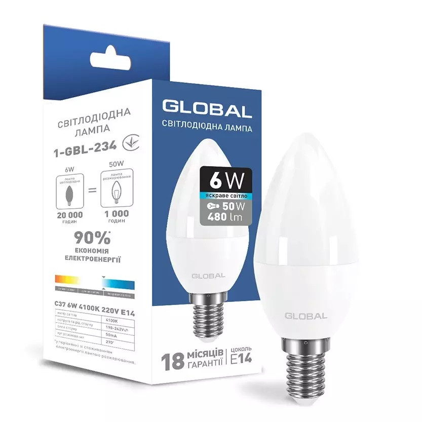 Лампочка світлодіодна Global Led 1-GBL-234 C37 CL-F 6W 4100K 220V E14 AP