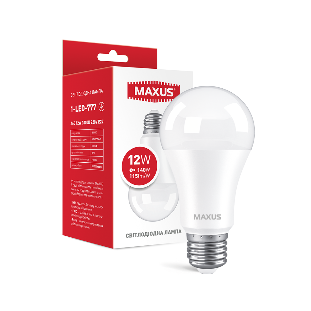 Лампочка світлодіодна Maxus Led 777 А60 12W 3000K 220V E27 AL, фото 1