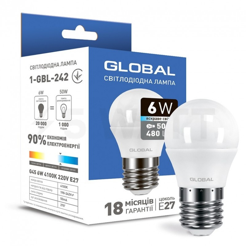 Лампочка світлодіодна Global Led 1-GBL-242 G45 F 6W 4100K 220V E27 AP