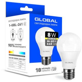 Лампочка світлодіодна Global Led 1-GBL-261 А60 8W 3000K 220V E27 AL, фото 1