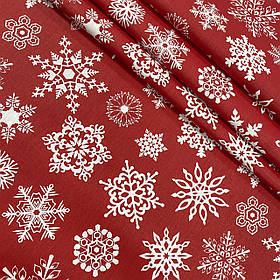 Турецька бавовняна тканина ранфорс "Білі сніжинки на червоному" 240 см