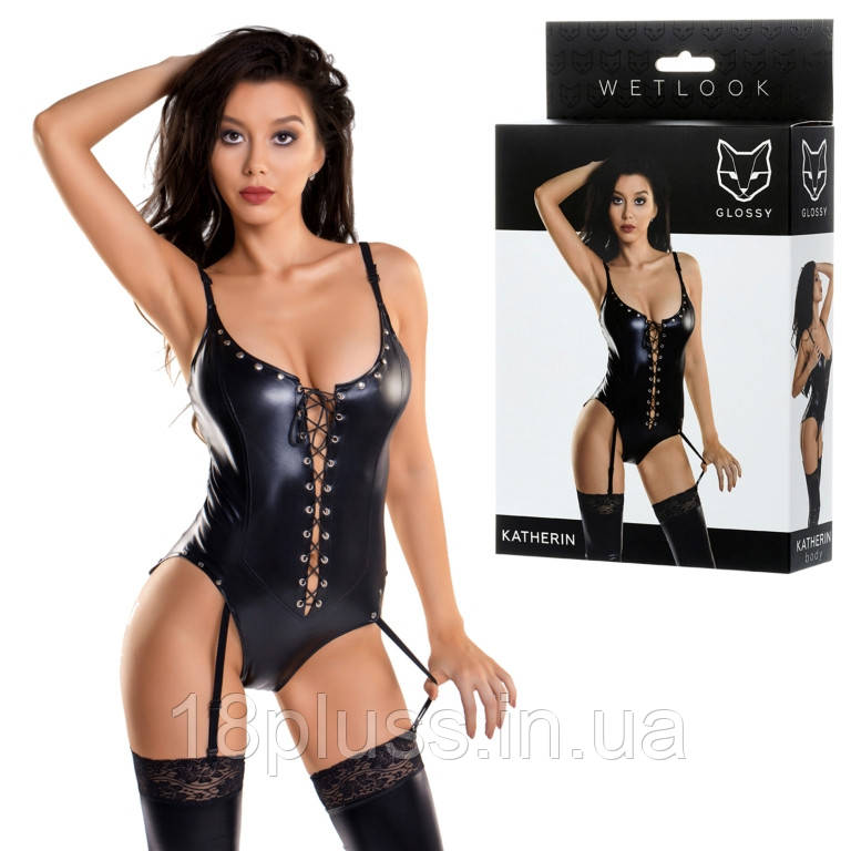 Боді Glossy Katherin з матеріалу Wetlook на шнурівці, чорне XL