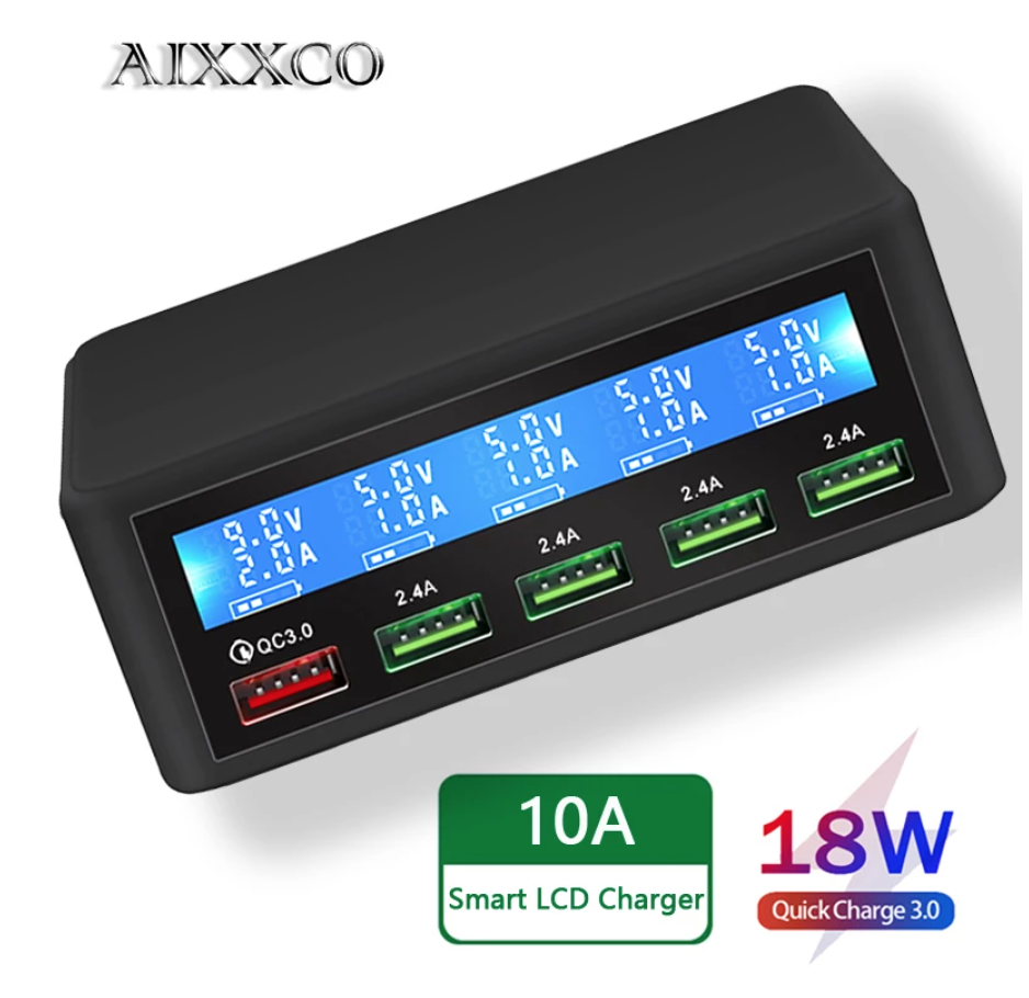 Швидкий зарядний пристрій AIXXCO 50 Вт USB 5 портів потужна зарядна станція для iPhone, iPad, фото 1