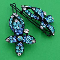 Шпилька на човнику 2 шт. метал орхідея блакитні стрази