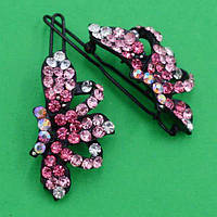 Шпилька на щелепу 2 шт. метал хризантема рожеві стрази