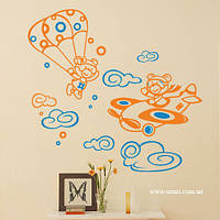 Интерьерная виниловая наклейка в детскую для стен и мебели Мишки-парашютисты (летчик, самолет, облака)