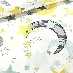 Тканина поплін намальовані великі зірки та місяць м'ятно-жовті на білому (ТУРЦІЯ шир. 2,4 м) (R-S-0421)