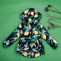 Дитяча демісезонна парка-куртка для дівчаток синього кольору з принтом лимонів р 80-134