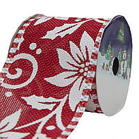 Декоративна стрічка в рулоні червона з білою квіткою, d=6,3 см, 3м, червоний, поліестер (080556-3)