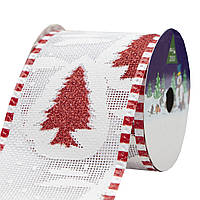 Декоративна прикраса - стрічка в рулоні червона ялинка на білому фоні, 3 м, 6,3 см, поліестер (080594-5)