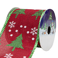 Декоративна стрічка в рулоні зелена ялинка і біла сніжинка, d=6,3 см, 3м, поліестер (080594-2)