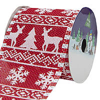 Декоративна стрічка в рулоні червона з оленем і ялинкою, d=6,3 см, 3м, червоний, поліестер (080556-4)