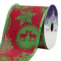 Декоративна стрічка в рулоні зелена сніжинка та олень, d=6,3 см, 3м, поліестер (080594-4)