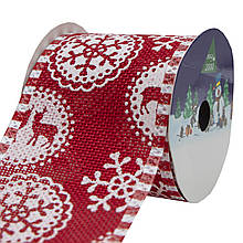 Декоративна стрічка в рулоні червона з оленем і сніжинкою, d=6,3 см, 3м, поліестер (080556-7)