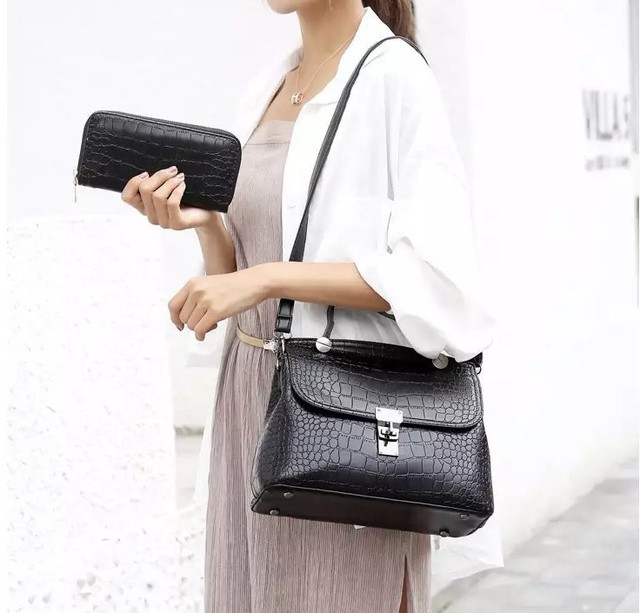 Женская сумка в наборе 2 в 1 сумка + кошелек , экокожа под крокодила, черный