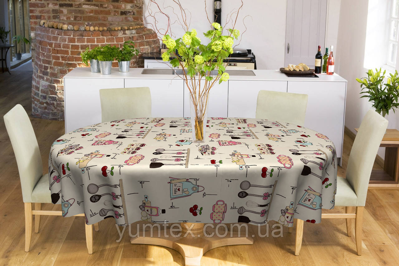 Скатертина овальна бавовна тефлон водовідштовхувальне гідрофобне просочення з кухонними мотивами бордово-рожевого, фото 1