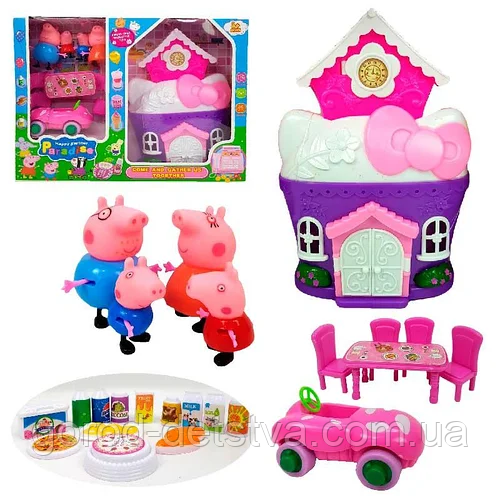 Іграшковий будиночок "Свинка Пеппа і сім'я" YM 372 А, 4 фігурки, автомобіль, в коробці, фото 1